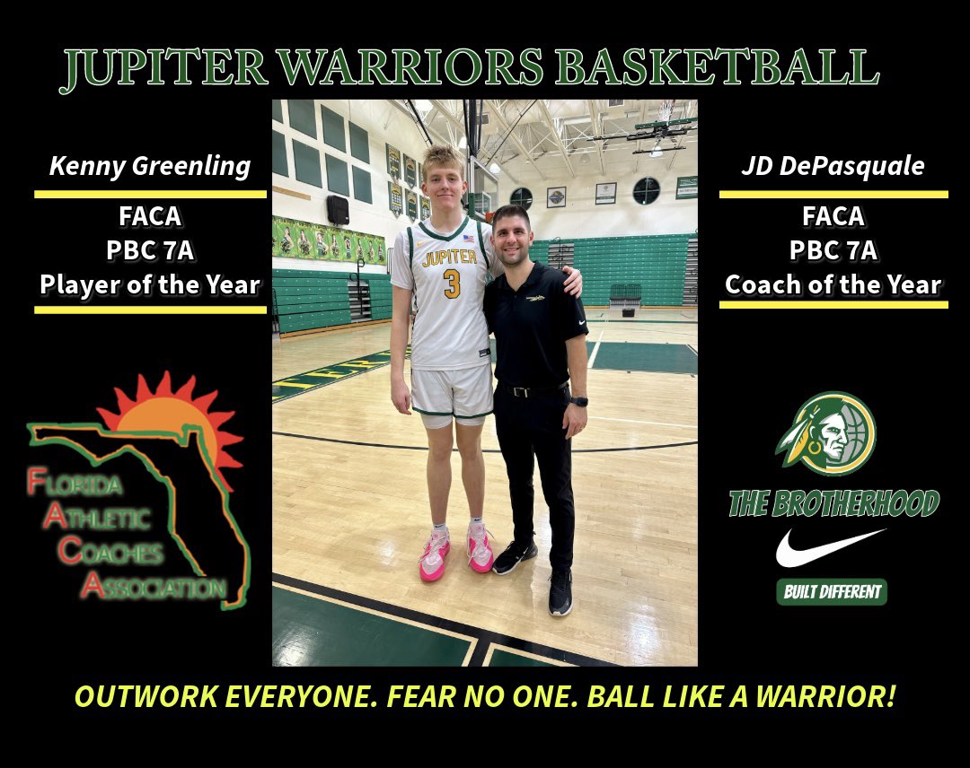 Congratulations to Kenny Greenling (6’9 2024 Post) and Coach JD DePasquale for their end of year FACA awards for Palm Beach County. #TheBrotherhood