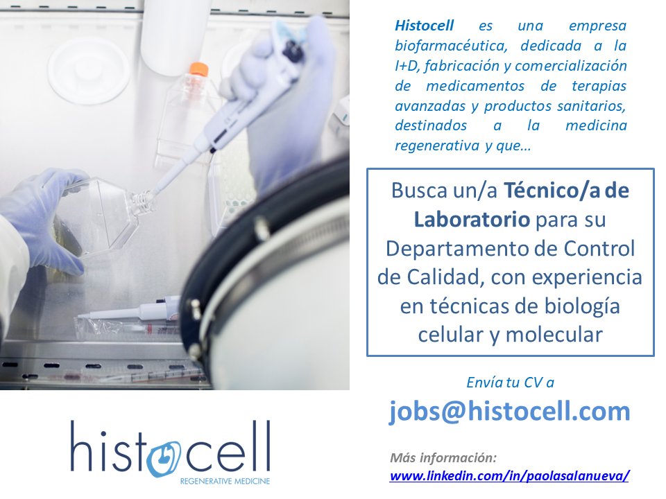 🔬 ¿Buscas una #oportunidadlaboral en el sector farma-biotec como técnico/a de #laboratorio? En <a href="/histocell/">Histocell</a> tenemos un puesto para ti en nuestro departamento de #controldecalidad
#industriafarmacéutica #terapiasavanzadas
#biologíacelular #biologíamolecular
#empleo #trabajo #derio