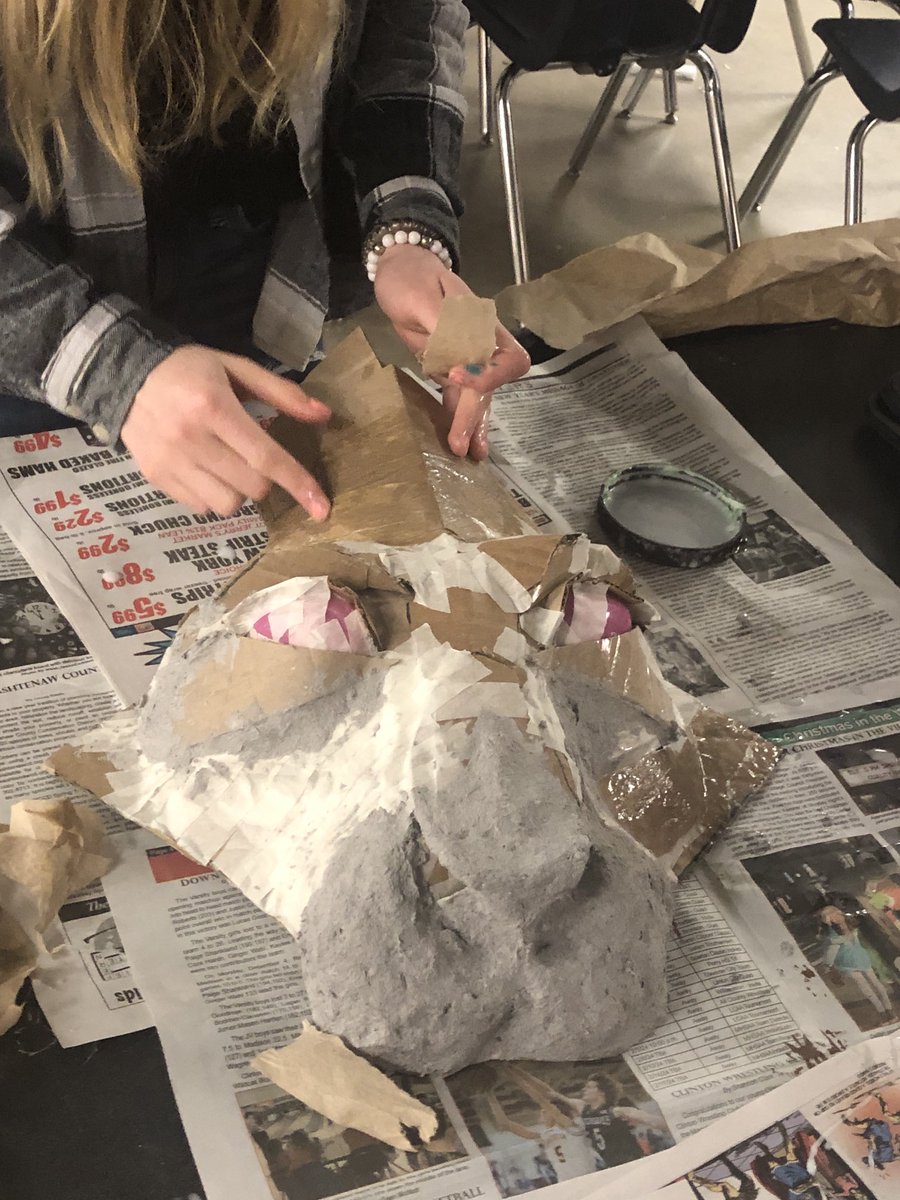 Paper Mache headdresses for The Lion King Jr show is a team process for quality work. We’re thankful for the opportunity to collaborate with our Music dept. and learn about Artistic Theater careers. ⁦<a href="/CMSredwolves/">Clinton Middle School</a>⁩ ⁦<a href="/CCSredwolves/">Clinton Community Schools</a>⁩ ⁦<a href="/ccs_super/">CCS~Supt.</a>⁩