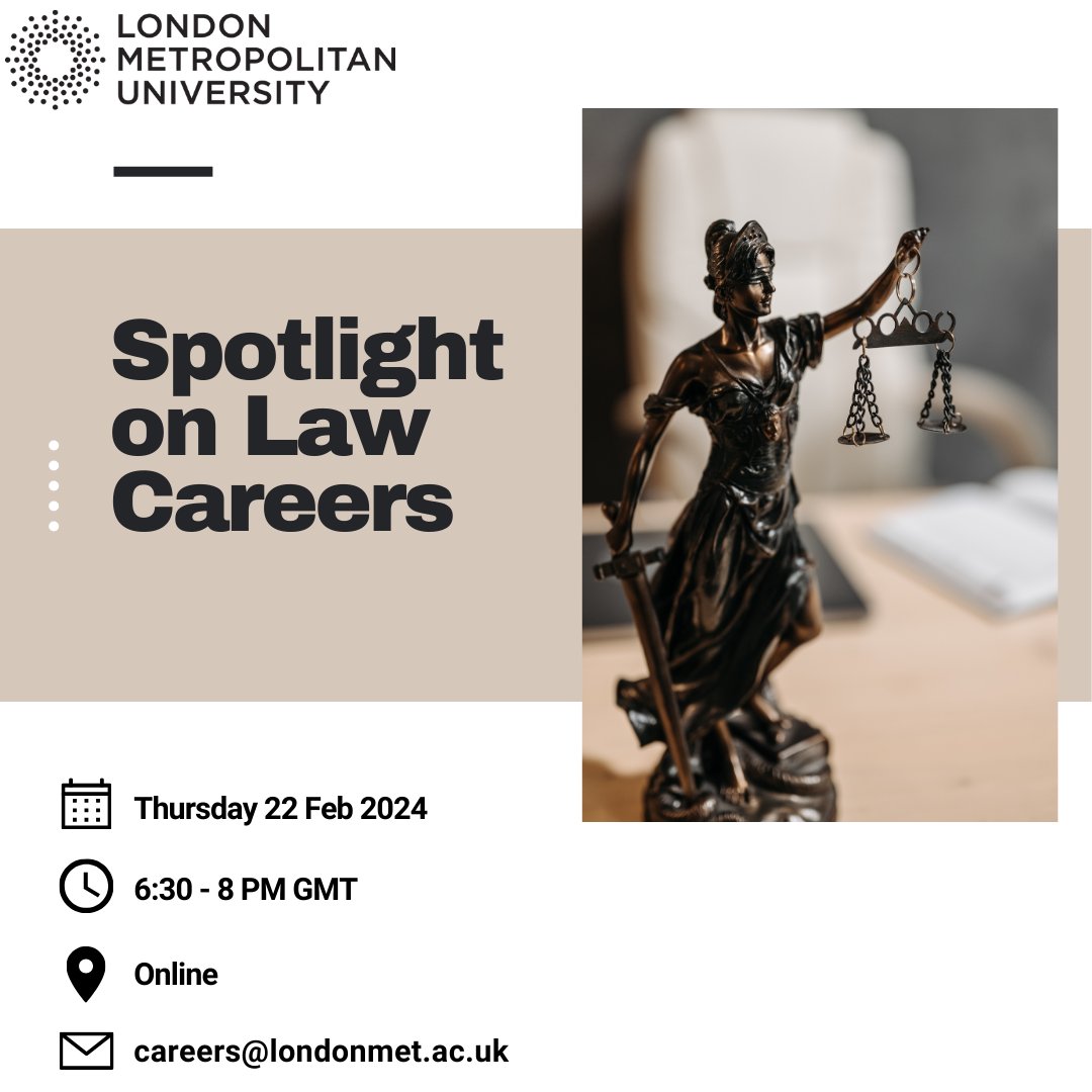 🌟Spotlight on Law Careers🌟 Join us for an exclusive webinar featuring successful London Met graduates sharing insights into careers in law! Open to current students & recent grads. Register now 👉 [Link: mycareer.londonmet.ac.uk/leap/events.ht…] #LawCareers #LondonMet #CareerDevelopment