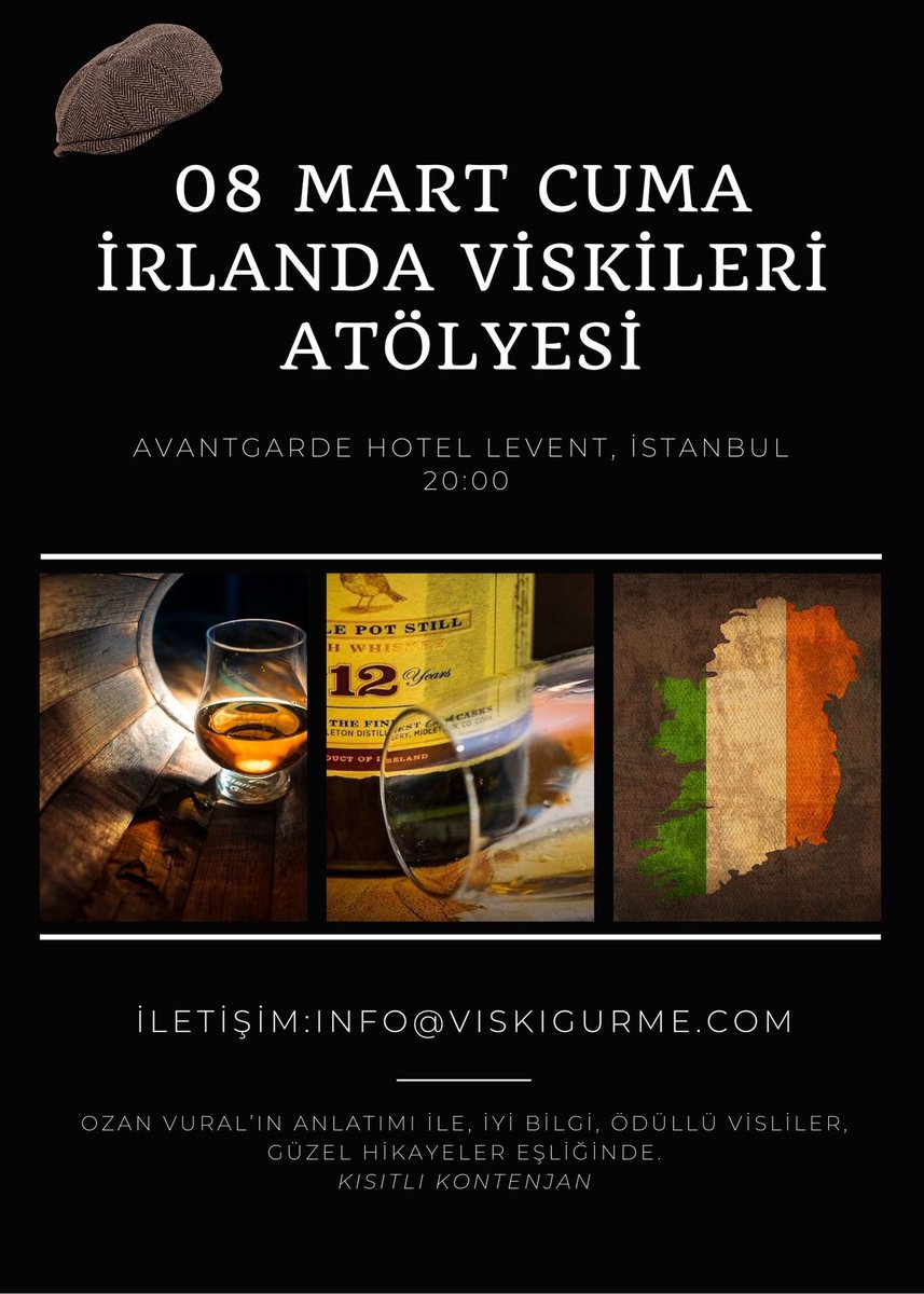 YENİ 🍻🥃🍀: 08 Mart İrlanda Viskileri Atölyesi Avantgarde Otel, Levent, 20:00 İyi viski, iyi bilgi, çok lezzetli eşlikçiler ve sıradışı hikayeler ile üç saatlik kültür ve lezzet ve tarih yolculuğu. İletişim: info@viskigurme.com