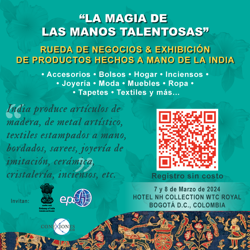 IndiaEmbBogota's tweet photo. Participe en “LA MAGIA DE LAS MANOS TALENTOSAS”🤲, rueda #B2B de productos hechos a mano de la India 🇮🇳 #Accesorios #Bolsos #Hogar #Inciensos #Decoración #Menaje #Joyería #Moda #Muebles #Ropa #Tapetes #Textiles
📅 7 & 8 de Marzo
📝 Registro (sin costo): https://t.co/466GJdKqoG https://t.co/9hQEW5GiY1