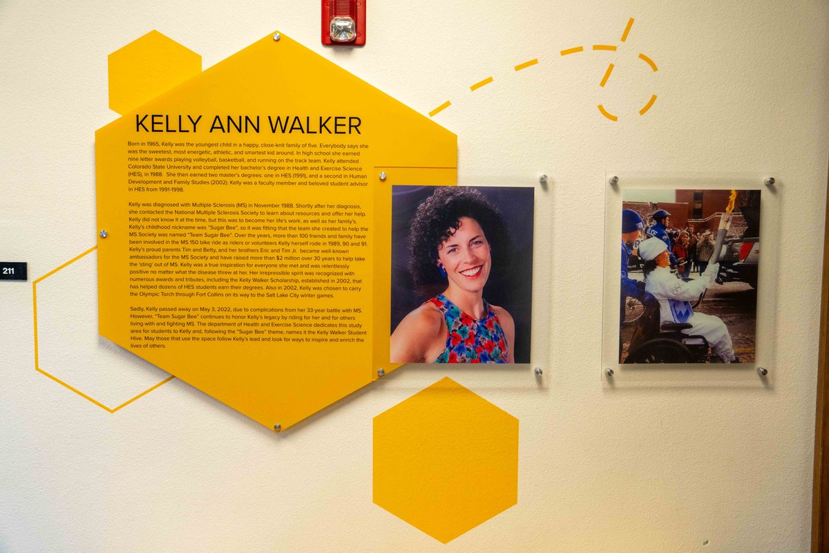 HealthHumanSci's tweet photo. Dedicated to Kelly "Sugar Bee" Walker, @csuhes Rams can now be found in the Student Hive 💚🐝💛

We celebrated the opening of the space in honor of the 
3⃣-time alumna who inspired collective fundraising for scholarships and multiple sclerosis research 🔗 https://t.co/st3Zm0EPcN https://t.co/ShQwUPTcmM