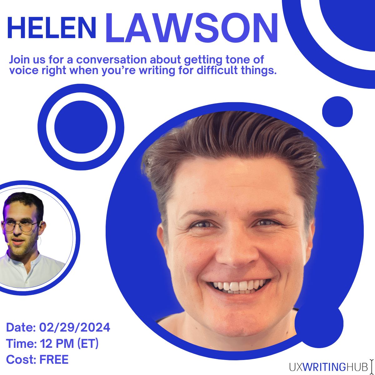 We are excited to bring another FREE event to the UX Writing community 😱! 
 
Join  Yuval Keshtcher, for a sit down with the amazing Helen Lawson next Thursday. 

Get your free seat to this event today, and we'll see you there 👀 buff.ly/48uHSVc

#UX #UXWriting #UXTips
