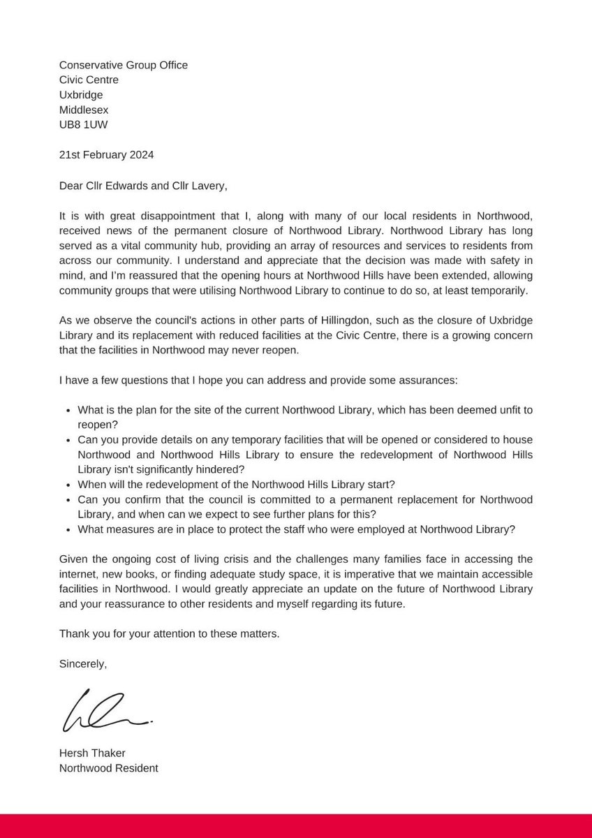 I have written a letter to the council to request clarity on the future of Northwood Library following the recent announcement of it’s permanent closure.