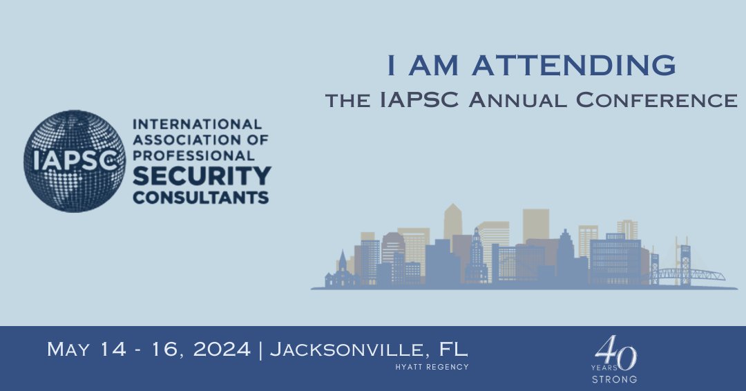 SafeguardsC's tweet image. We are proud to be supportive of the upcoming @IAPSC 2024 Annual Conference which will be held from May 14 – 16, 2024 in #jacksonvillefl. In addition, we would like to wish the IAPSC a happy 40th anniversary!

Register at tinyurl.com/ymy4yfr5

#IAPSC #Florida #security