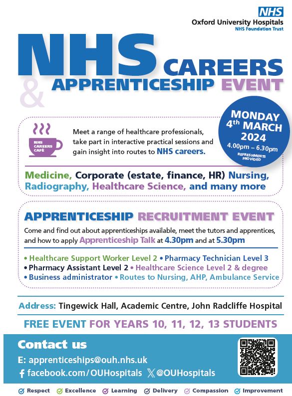 On 4th March @OUHospitals are holding a Careers and Apprenticeship event, where students in Years 10-13 can learn about NHS careers, hear about apprenticeships available, and speak to range of NHS professionals and apprentices. oxme.info/events/nhs-car… #OxmeHour