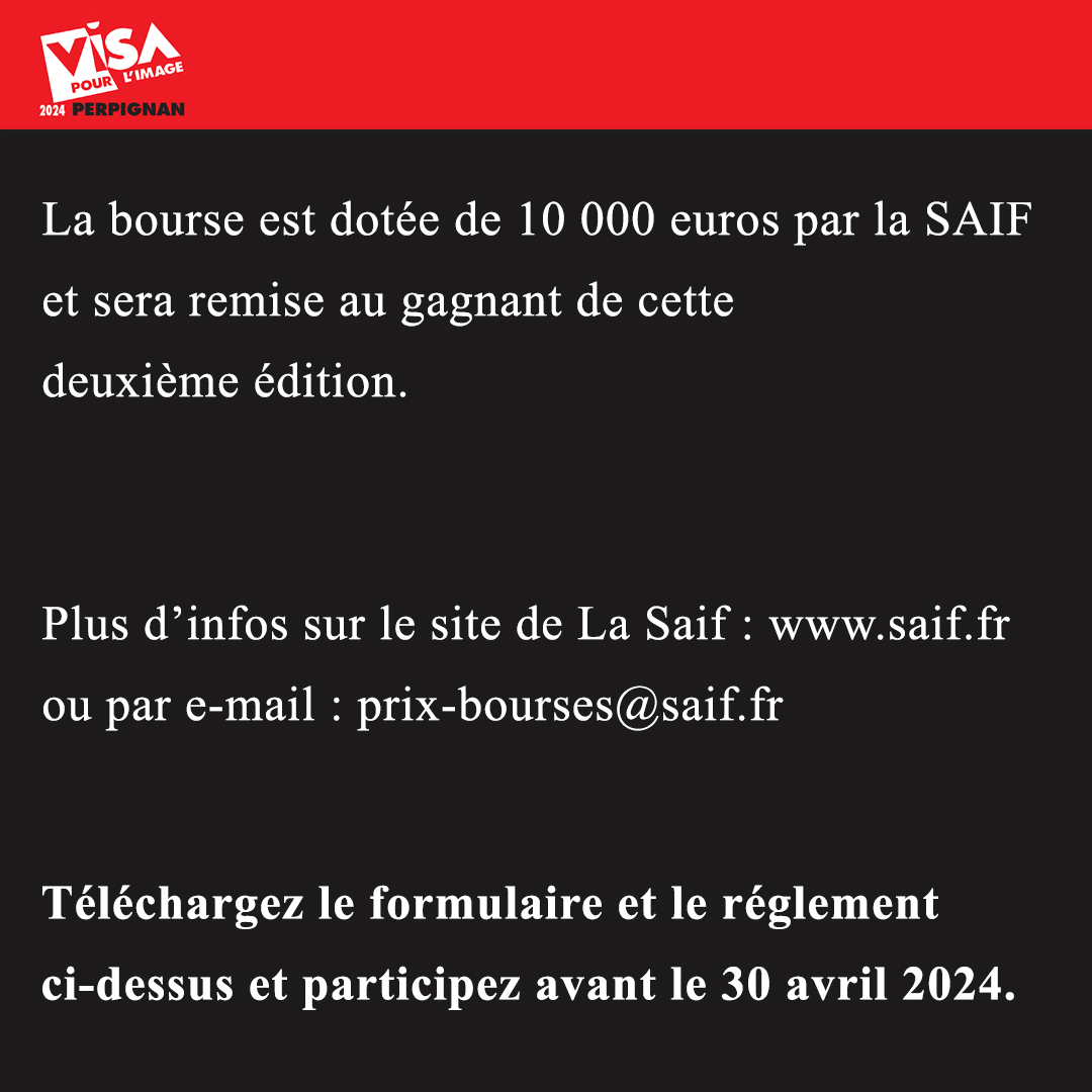 📢 L’appel à candidatures est lancé pour la seconde édition de la Bourse SAIF / Benoît Schaeffer pour l’édition photographique. 📆 Date limite de candidature : 30 avril 2024. 🔗 Plus d'infos : visapourlimage.com/festival/prix-… @LaSaif_ @cip_perpignan #visapourlimage2024 #photography