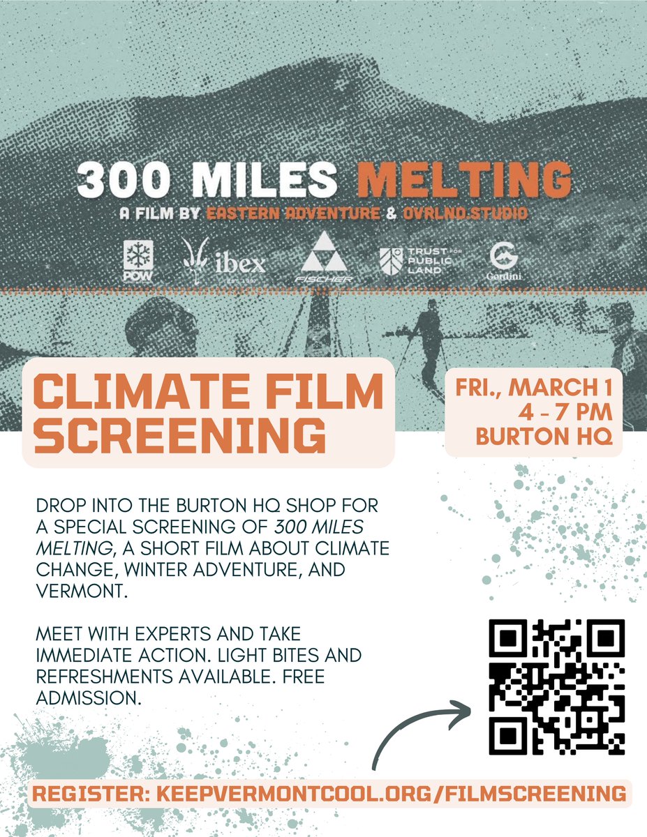 The #KeepVermontCool campaign is teaming up with the Burton EPIC Committee for a climate action film screening event! Drop into Burton HQ on Friday, March 1st from 4 - 7 p.m. for a special screening of 300 Miles Melting. Free admission! RSVP: keepvermontcool.org/filmscreening