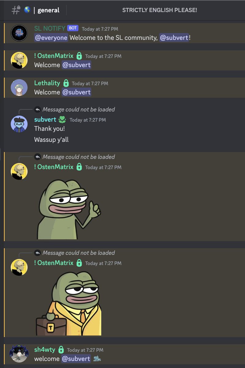 SubvertPlaysTCG's tweet photo. The @SLNotifyIO community is ridiculous. 🤯

I finally had some time to join the Discord and verify my wallet. Hopped in the chat and said GM, then went to have dinner. 🍽️

Was shocked when I came back to 3⃣0⃣➕ notifs personally welcoming me. 

Now THAT'S how you do community.