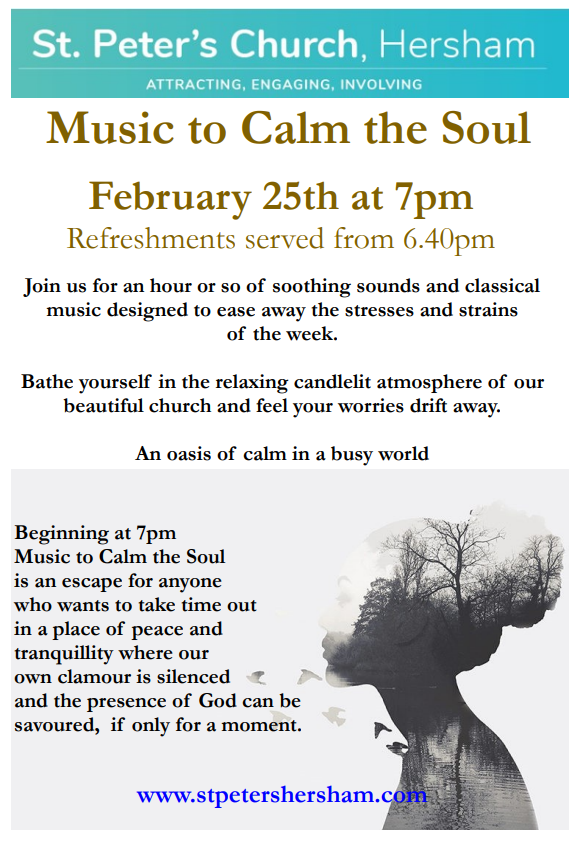 Do come along to Music to Calm the Soul this Sunday evening: Refreshments served from 6.40pm.
As we’re hosting these during the winter months this will be the last Music to Calm the Soul until we resume again on September 29th.