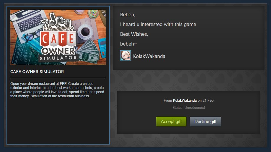 EllaxStella's tweet photo. I got another gift from @kolakwakanda 🍌.
Last week, He gave me #PotionCraftGame as Valentine day gift, and today, He gave me #CafeOwnerSimulator .
Thank you so much Bebeh 💛
Ps: Most of the game I play on my chanel was his recommendation. https://t.co/fcQ4LODUVw