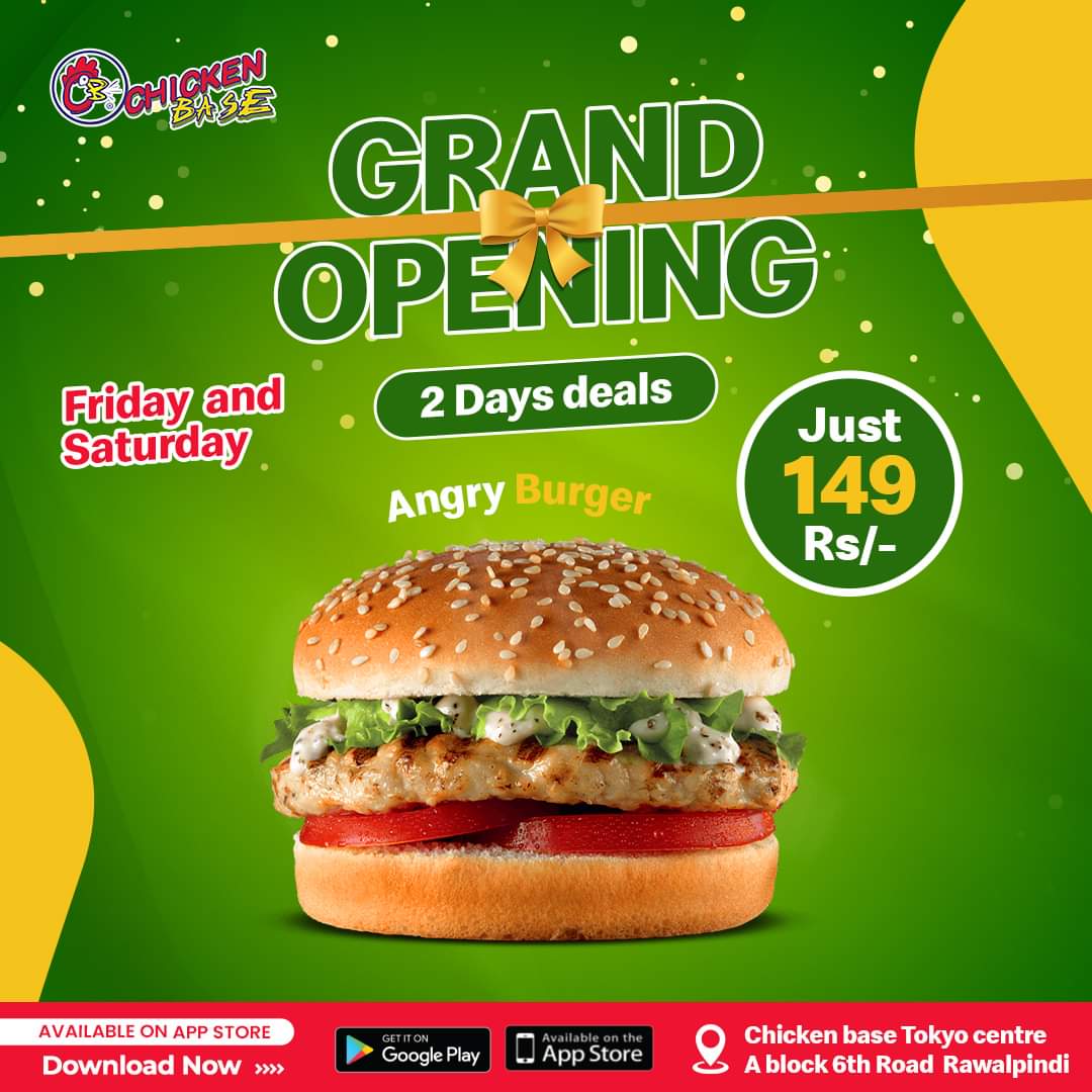 ChickenBase_Rwp's tweet photo. 𝟐𝐧𝐝 𝐁𝐫𝐚𝐧𝐜𝐡 𝐆𝐫𝐚𝐧𝐝 𝐎𝐩𝐞𝐧𝐢𝐧𝐠 𝐃𝐢𝐬𝐜𝐨𝐮𝐧𝐭 𝐎𝐟𝐟𝐞𝐫𝐬
Join us this Friday and Saturday for our grand opening at Chicken Base Tokyo Center, A Block, 6th Road, Rawalpindi
𝐅𝐨𝐫 𝐃𝐞𝐭𝐚𝐢𝐥𝐬 𝐂𝐨𝐧𝐭𝐚𝐜𝐭
0370 0501381
#Newbranch #Openingsoon #Opening #Chick https://t.co/BbGEU8Jrb5