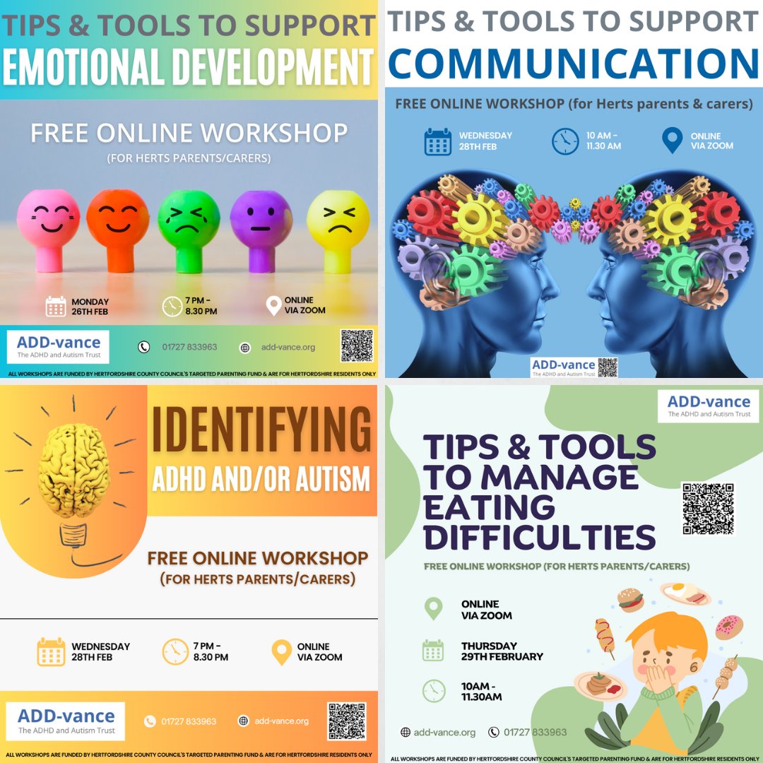 VanceAdd's tweet photo. 👀Take a look at the FREE upcoming workshops available to Hertfordshire parents/carers👀

Book here: https://t.co/L0sGbRMfQK or scan the QR codes. 

#ADDvance #ADHD #autism #neurodiversity #herts #hertfordshire #emotionaldevelopment #communication #eatingdifficulties #workshops https://t.co/YrlIkpE22W