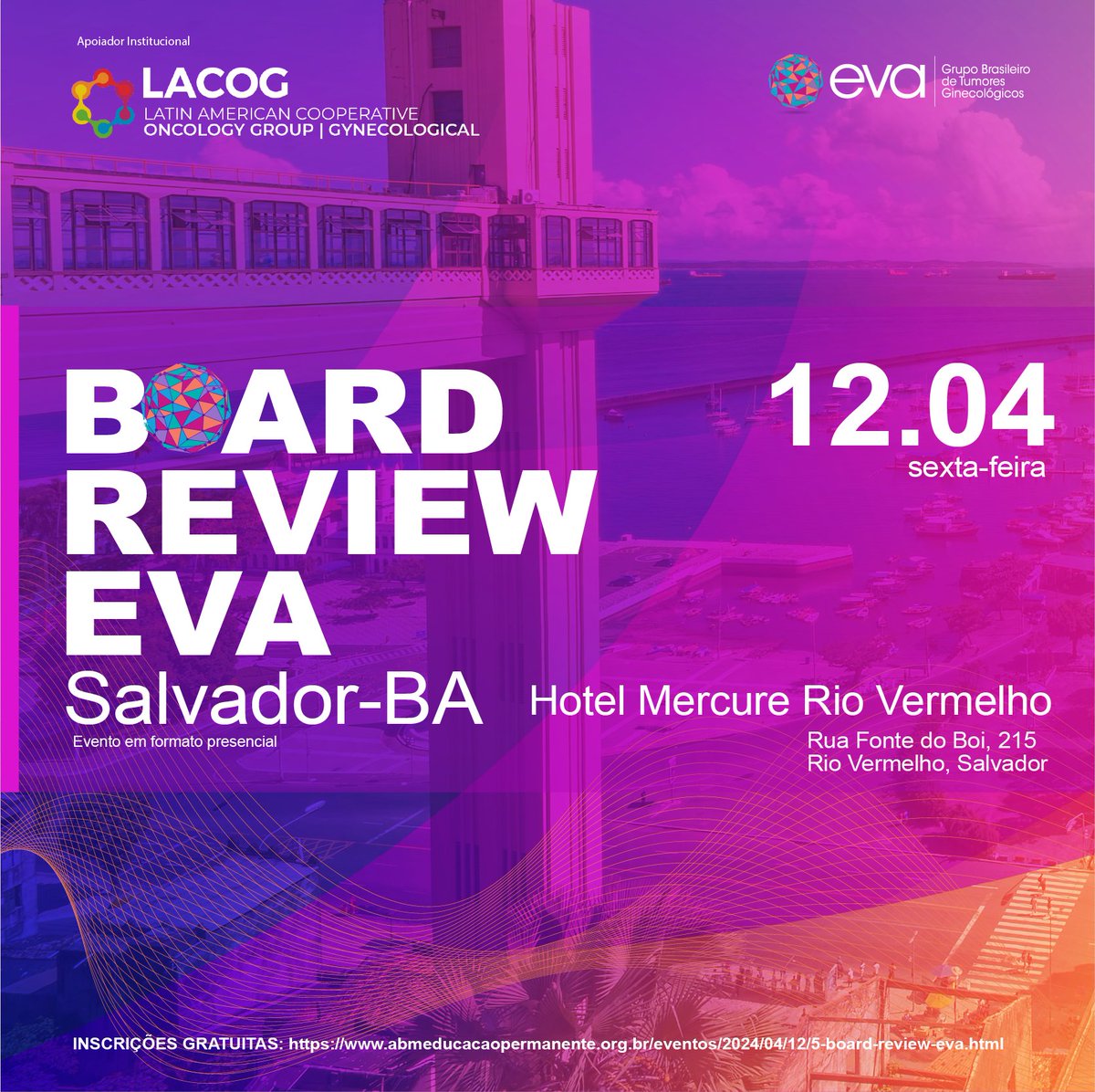 Participe do 5º Board Review EVA, organizado pelo Grupo Brasileiro de Tumores Ginecológicos (@br_gynoncgroup ), que acontecerá em Salvador, dia 12 de abril, no Hotel Mercure Rio Vermelho. O LACOG Gynecological Group apoia este evento! Inscreva-se em: abmeducacaopermanente.org.br/eventos/2024/0…