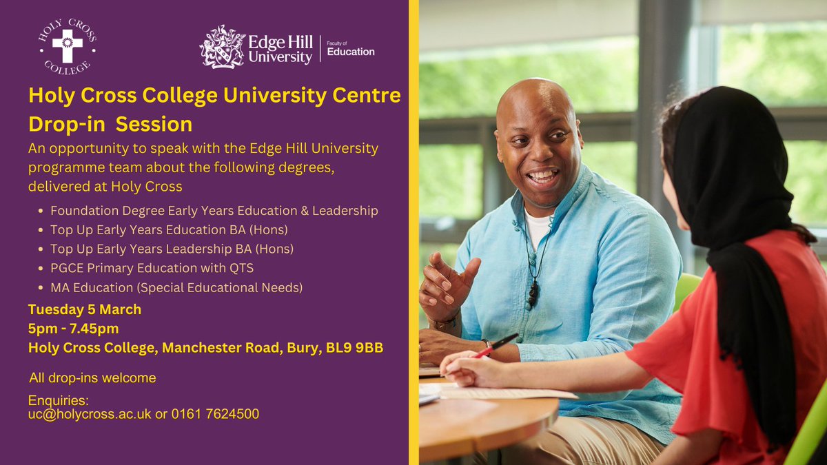 Are you an EYE or SEN educator living in or around Bury, and considering foundation, UG or PG study? Discover @edgehill courses offered in your local community @HolyCrossBury on Tuesday 5 March, 5pm - 7.45pm. No need to book, just drop in to speak with a course advisor👇@Lisa0c27