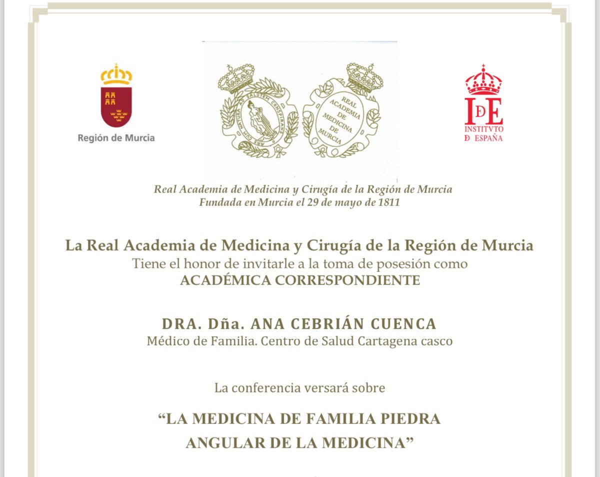 Desde <a href="/redGDPS/">redGDPS Diabetes</a> brindamos la más sincera enhorabuena y felicitamos a nuestra compañera y amiga, Dra. Ana Cebrián(<a href="/anicebrian/">Ana Cebrián</a>), por su toma de posesión como Académica Correspondiente otorgado por la Real Academia de Medicina y Cirugía de Murcia. 
También contaremos con conferencia:
