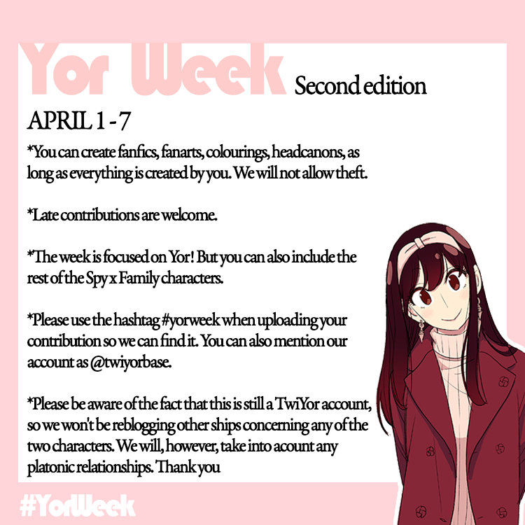twiyorbase's tweet photo. It's Yor's time! Yor Week 2024 is here! 🌹
Read the information in the images carefully and do not hesitate to clear your doubts!! RT and like to support❤️
Below Spanish version!👀
#yorweek #yorweek2024 #yorforger #yor #SPY_FAMILY #SPYxFamily https://t.co/k53vyXULkU