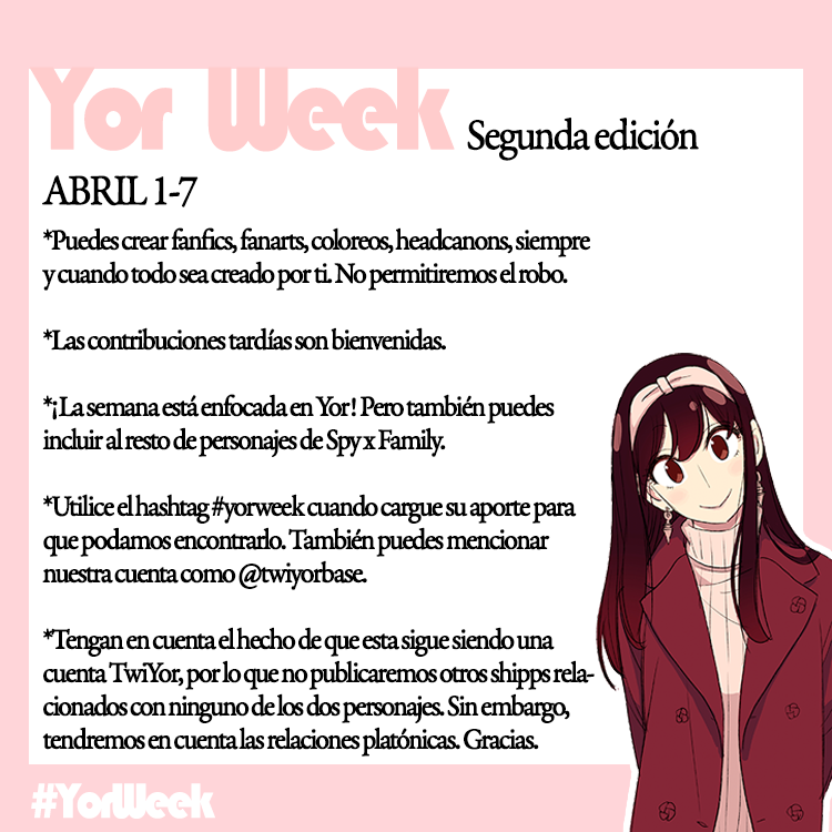 twiyorbase's tweet photo. ¡Es hora de Yor! ¡Yor Week 2024 está aquí!
¡Lean atentamente la información de las imágenes y no dudes en aclarar tus dudas! RT y me gusta apoyar❤️
#yorweek #yorweek2024 #yorforger #yor #SPY_FAMILY #SPYxFamily https://t.co/Usa9RS0GkK