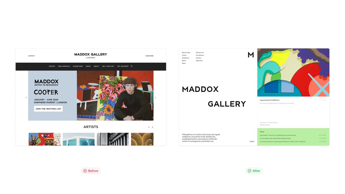 Day 003 → Before vs After

Site: Maddox Gallery

#daretoshare24 #buildinpublic #uidesign #ui #ux #webdesign #productdesign