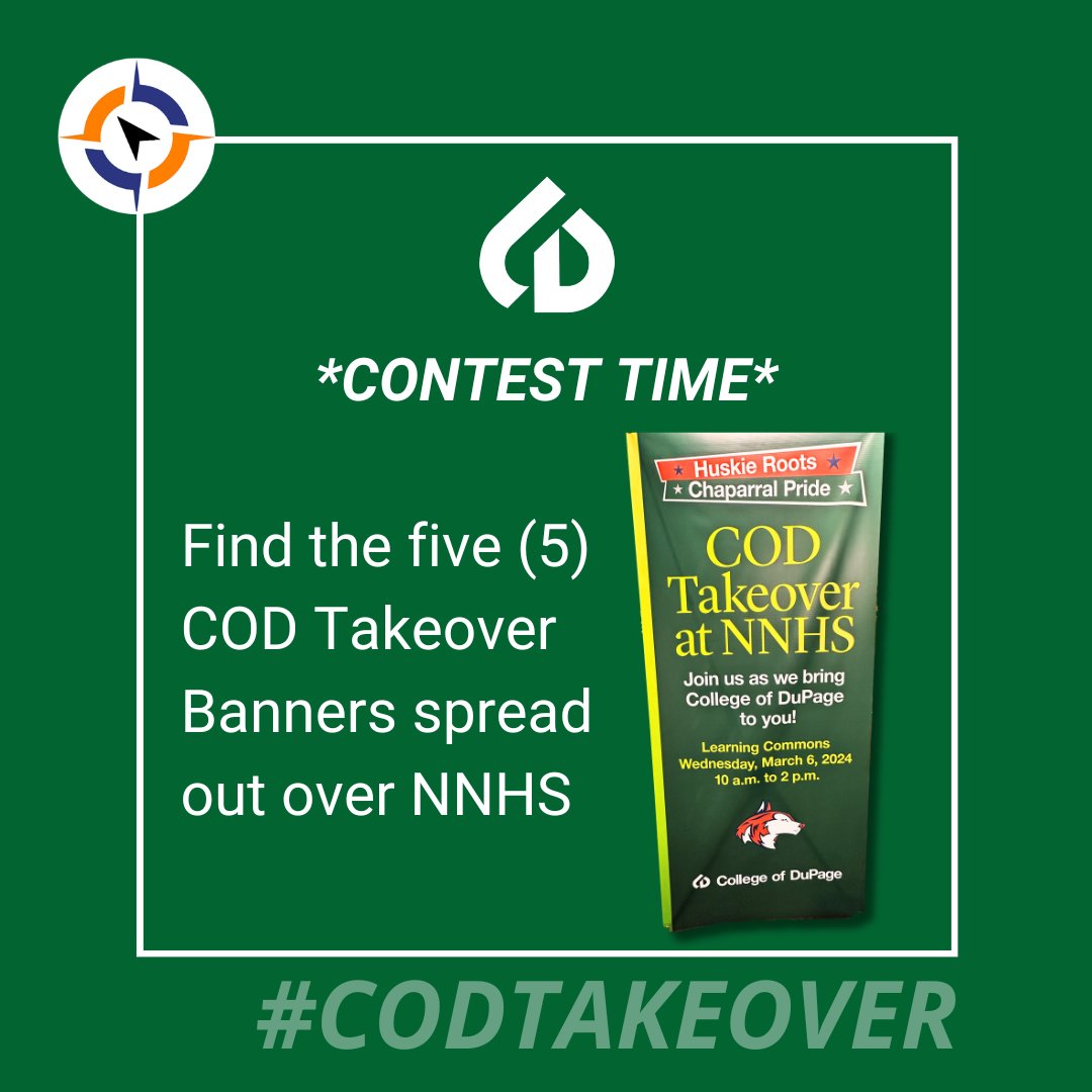 NNHSPARC's tweet photo. Can't wait for our #CODTakeover on 3/6 (2 weeks from today)! We're also excited &amp; grateful to @CollegeDuPage for our promotional banners! Huskies: can you find all 5? First student to comment the correct locations for all 5 banners on our X or Instagram post wins a COD shirt! https://t.co/1vXpSetmBR