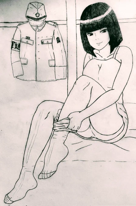 軍人娘の英智絵で脱がしても軍人と分かるようにした苦肉の策

後 ろ に 軍 服 を 干 す

これなら乳まで描ける! 
