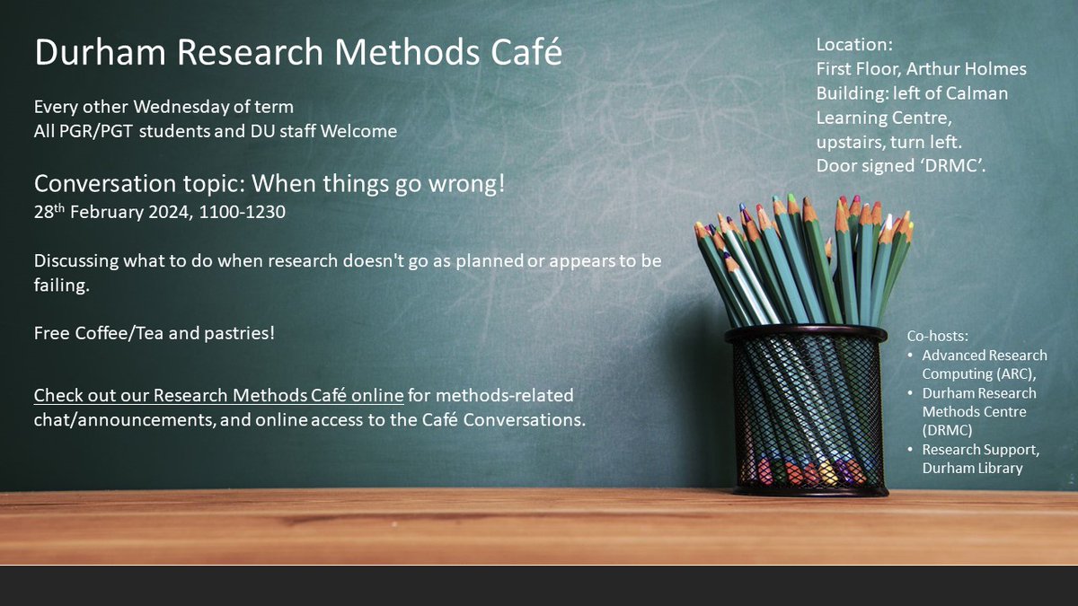 Durham Research Methods Café's next session will be running on Wednesday 28th February 2024 in person and online, 1100-1230. All PGR/PGT students and DU staff welcome. Conversation topic is 'When things go wrong!'. More information here: dur.ac.uk/research/insti…