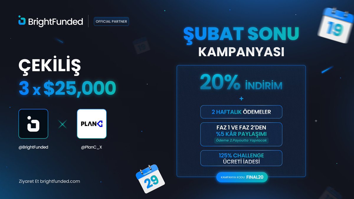 📌 ŞUBAT ÇEKİLİŞİ 

<a href="/BrightFunded/">BrightFunded</a> firmasından 3 kişiye 25.000$ lık fon hediye ediyoruz. 

Adımlar ; 

1️⃣ <a href="/BrightFundedTR/">BrightFunded - Türkiye</a> <a href="/BrightFunded/">BrightFunded</a> ve @PlanC_X hesaplarını takip et. 

2️⃣ Yoruma 2 arkadaşını etiketle. 

3️⃣ Bu posta RT at. 

Şimdiden hepinize bol şans diliyorum 🔋🫡

Mevcut