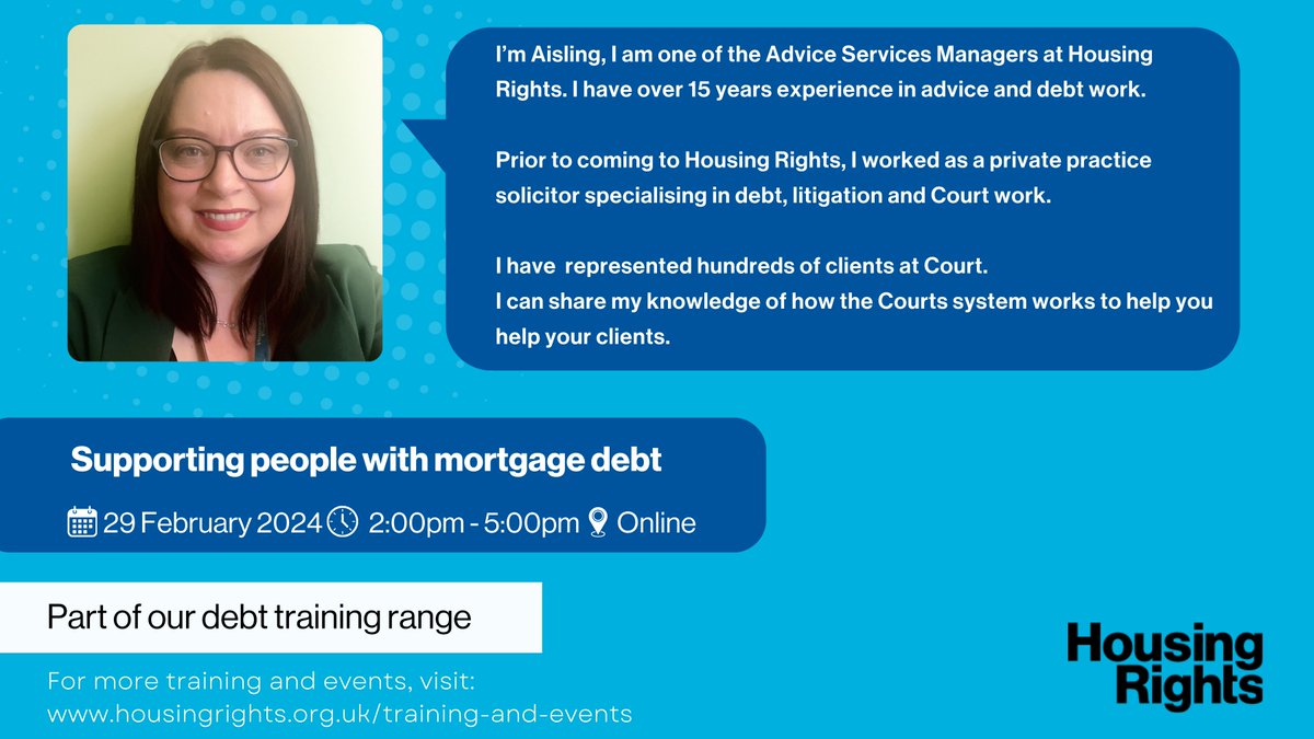 HousingRightsNI's tweet photo. Our upcoming #HousingTrainingCourse 'Supporting people with mortgage debt' provides great grounding on debt processes in Northern Ireland and this session will assist anyone who is supporting someone dealing with arrears.

To book, visit:
https://t.co/LfAKWqdhea https://t.co/r4o3MwIDeB