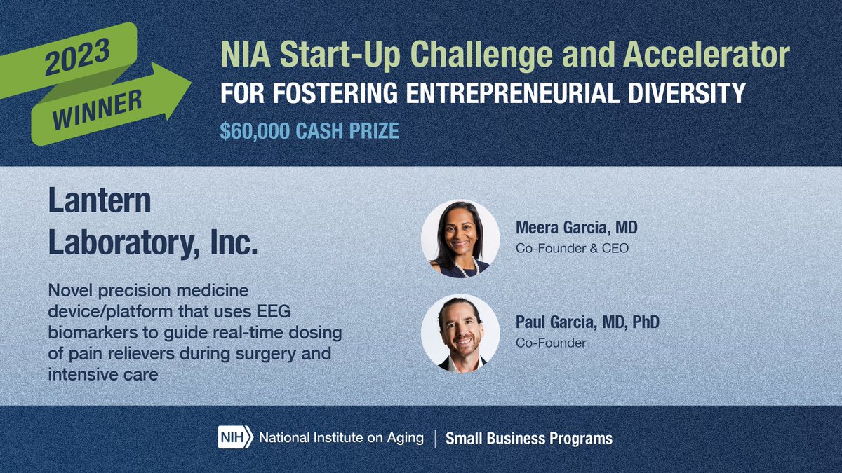 PaulSGarcia (@paulgarciamdphd) on Twitter photo Our spin-off company continues to win awards. Lantern Laboratory aims to change the way we approach analgo-sedative medications in the OR and ICU. Thanks so much for efforts of <a href="/MeeraGarcia/">Meera Garcia MD</a>  and Yogi A. Patel, PhD
nia.nih.gov/research/sbir/… Our spin-off company continues to win awards. Lantern Laboratory aims to change the way we approach analgo-sedative medications in the OR and ICU. Thanks so much for efforts of <a href="/MeeraGarcia/">Meera Garcia MD</a>  and Yogi A. Patel, PhD
nia.nih.gov/research/sbir/…