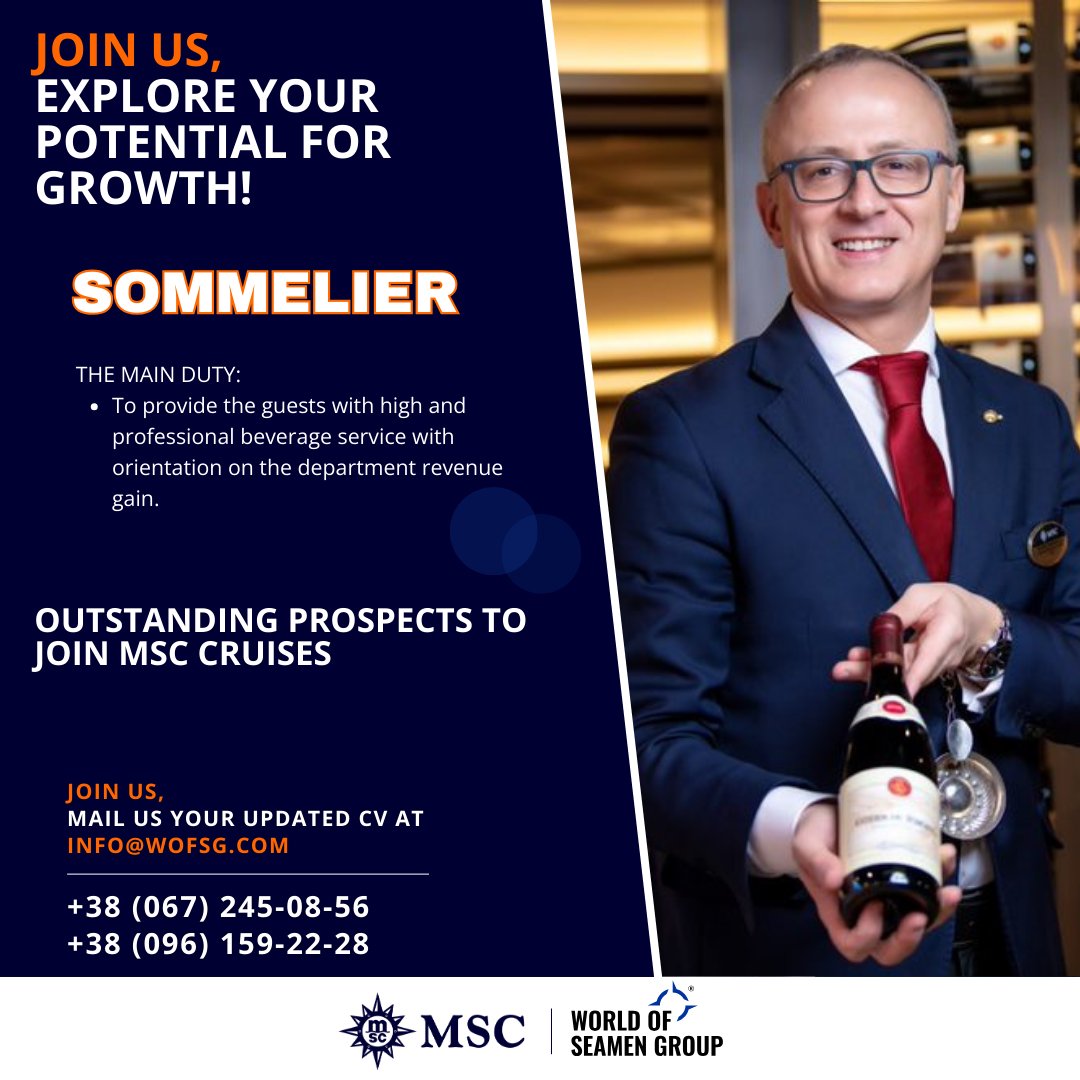 wofsg's tweet photo. SOMMELIER for MSC Cruises

REQUIREMENTS:
To provide the guests with high and professional beverage service with orientation on the department revenue gain.

Apply now to be considered

Email: info@wofsg.com
WhatsApp/Viber/Telegram:
+380672450856
+380961592228

#sommelier https://t.co/vEqIb9k6Mt