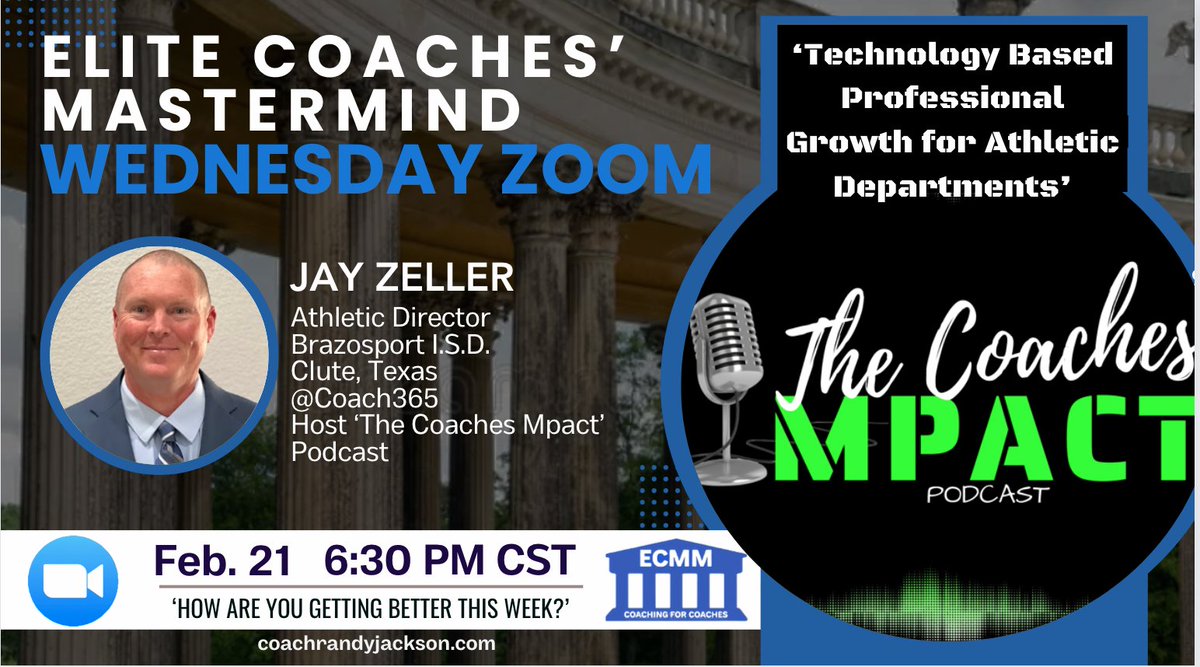 ELITE_COACHES_MASTERMIND (@elitecoachesma1) on Twitter photo My good friend, <a href="/Coach365USA/">Jay Zeller</a> is going to 'coach us up' tonight!
The MM is a group of coaches from all over the U.S. getting better together- join us.
coachrandyjackson.com/elite-coaches-……
<a href="/bportisdsports/">Brazosport ISD Athletics</a>
<a href="/CoachJacksonTPW/">Randy Jackson</a>
<a href="/fastnwide/">FASTNWIDE</a> My good friend, <a href="/Coach365USA/">Jay Zeller</a> is going to 'coach us up' tonight!
The MM is a group of coaches from all over the U.S. getting better together- join us.
coachrandyjackson.com/elite-coaches-……
<a href="/bportisdsports/">Brazosport ISD Athletics</a>
<a href="/CoachJacksonTPW/">Randy Jackson</a>
<a href="/fastnwide/">FASTNWIDE</a>