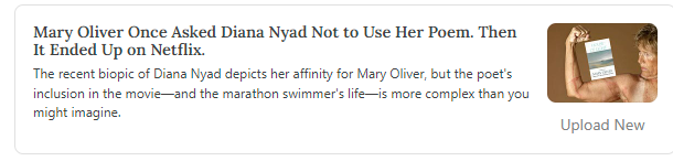 1/ Last month, I wrote a piece that puzzled over the use of a Mary Oliver poem in Nyad, a biopic of the swimmer Diana Nyad starring Annette Benning & Jodi Foster. I hypothesized that Netflix hadn't properly licensed her work. Then I received an email.