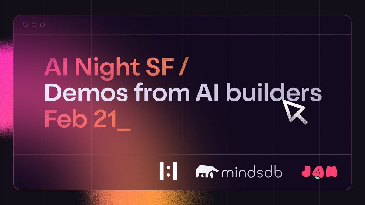 200 AI builders are getting together tonight at <a href="/pebble_bed/">Pebblebed</a> for Jam + MindsDB AI Night

Plus 424 more on the waitlist— the AI energy in SF is incredible!

Tonight’s lineup: <a href="/magicaltome/">Toma</a>, <a href="/MindsDB/">MindsDB</a>, <a href="/getlindy/">Lindy</a>, <a href="/jamdotdev/">Jam.dev</a> ofc and one more surprise 🙂