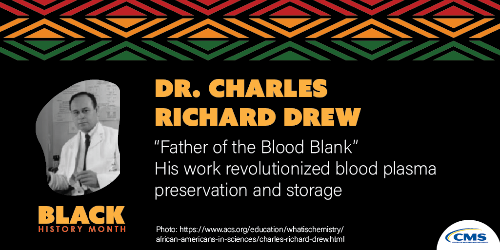 Dr. Drew was an American surgeon &amp; researcher whose work changed the world of surgery with blood banks. During WWII, he helped create the first blood bank called the Blood for Britain Program, which led to what we now know as the American Red Cross Blood Bank. #BlackHistoryMonth