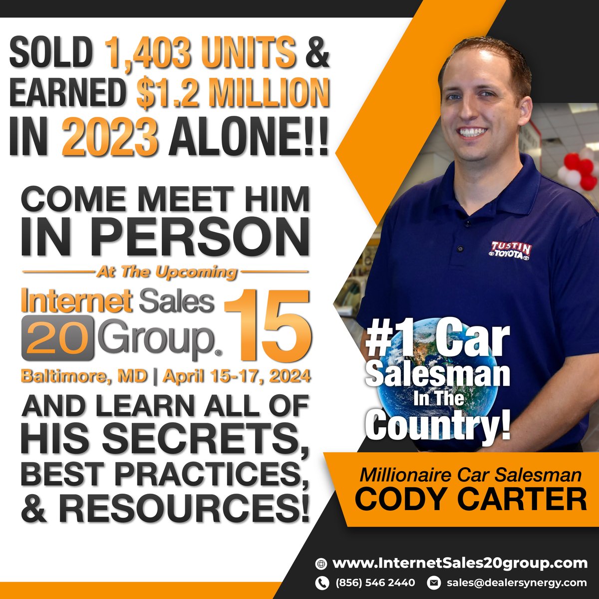 Meet the LEGEND at Internet Sales 20 Group! 🚗💨

Cody Carter, the #1 Car Salesman in the World, will be at the up coming #IS20G! 🏆 

Get 50% off on registration 🎟️✨
eventbrite.com/e/761375152577…

#CodyCarter #DealerSynergy #InternetSales20Group15 #InternetSales20GroupConference