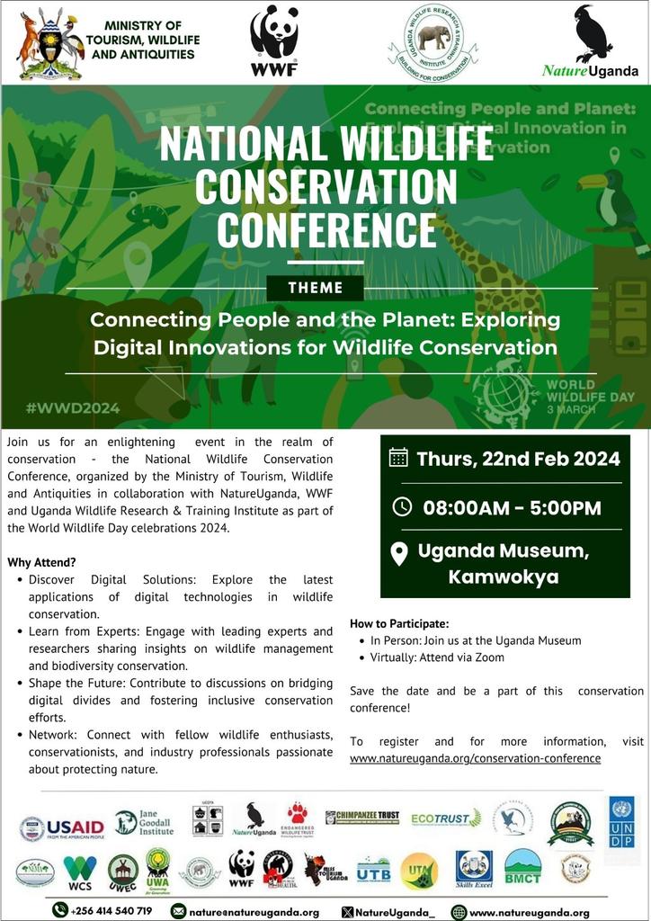 Emphasis will be drawn to this years #WWD2024 theme,'Connecting People and the Planet; Exploring Digital Innovations for Wildlife Conservation',during tomorrow's National Wildlife Conservation Conference @ugandamuseums. All welcome. @CHRISBARYOMUNS1 @UwrtiI @NatureUganda_ @WWF