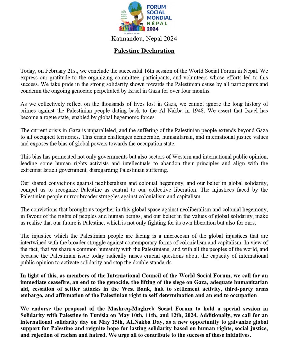 ejoussourportal's tweet photo. #المنتدى_الاجتماعي_العالمي : نداء #فلسطين 
 #WorldSocialForum  : #Palestine Declaration
---
#wsf2024nepal 
#AnotherWorldIsPossible 
#wsf2024 https://t.co/OSSqnBXtDk