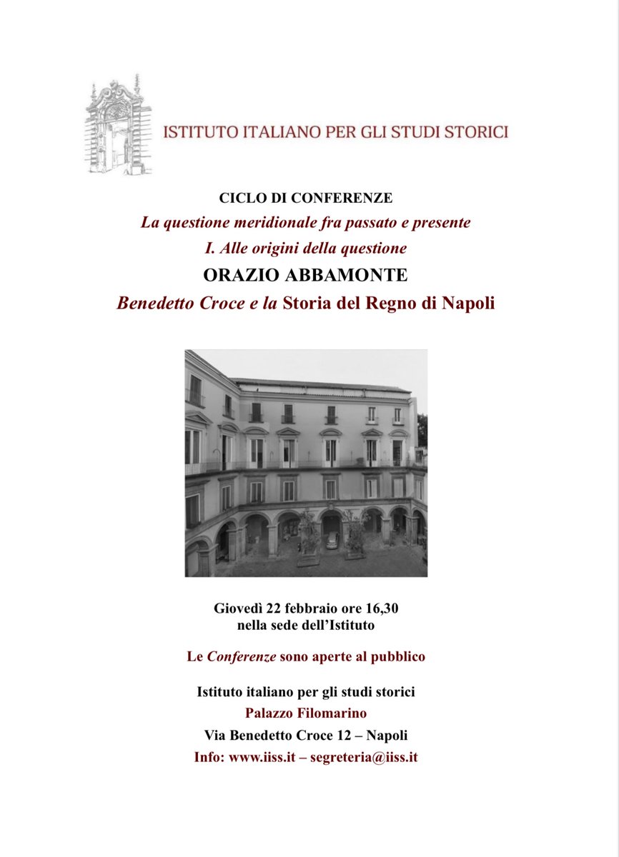 Per il Ciclo di conferenze presso l’Istituto Italiano per gli Studi Storici, domani 22 febbraio, il presidente della Fondazione Banco di Napoli, Orazio Abbamonte, interverrà su “La questione meridionale fra passato e presente. Benedetto Croce e la Storia del Regno di Napoli”.