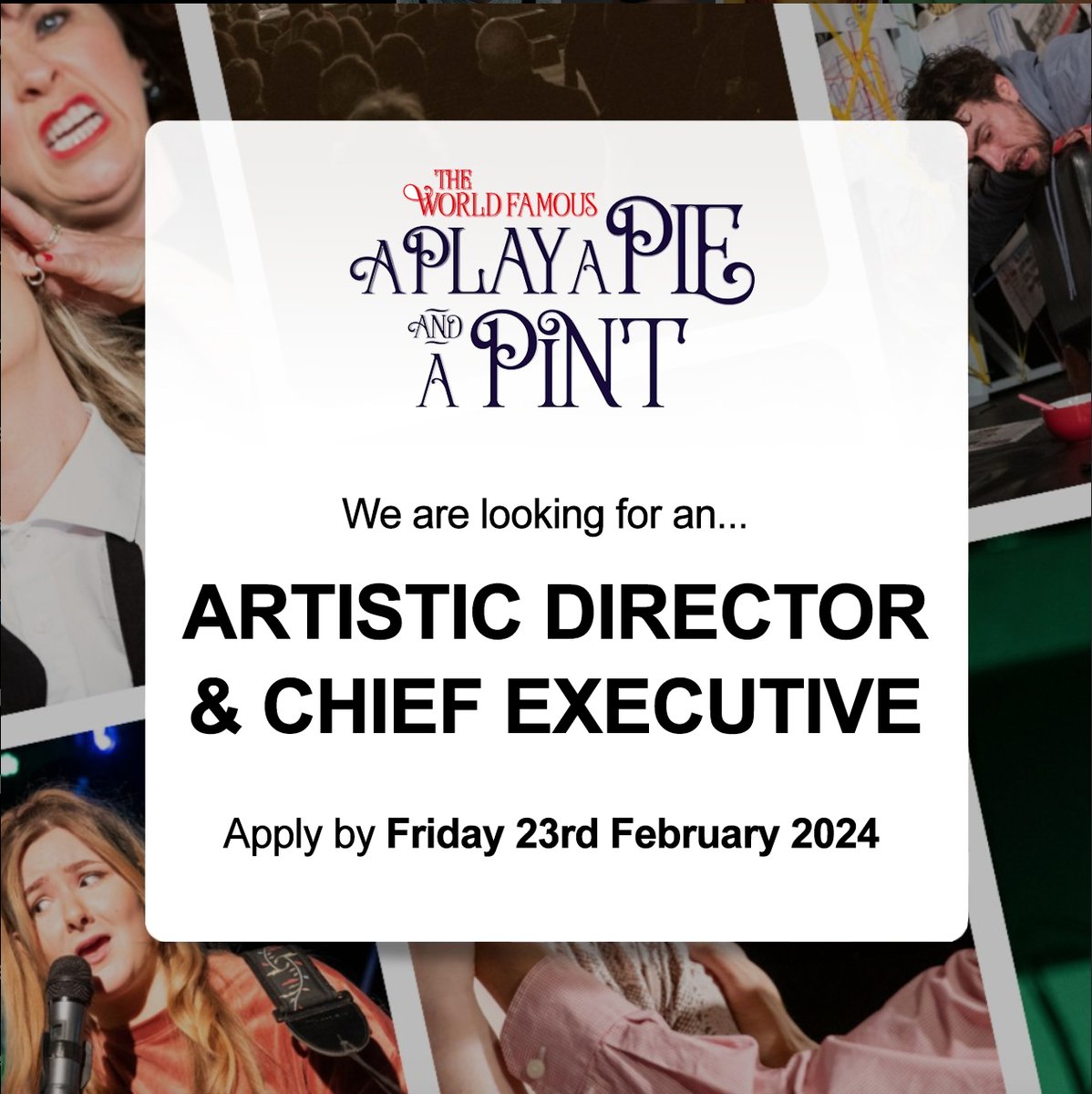 ⏰ Reminder that the deadline to apply to be our new AD &amp; Chief Exec is this Friday 23 Feb, 10.30am! 

Find out more here 👇

playpiepint.com/vacancy-artist…