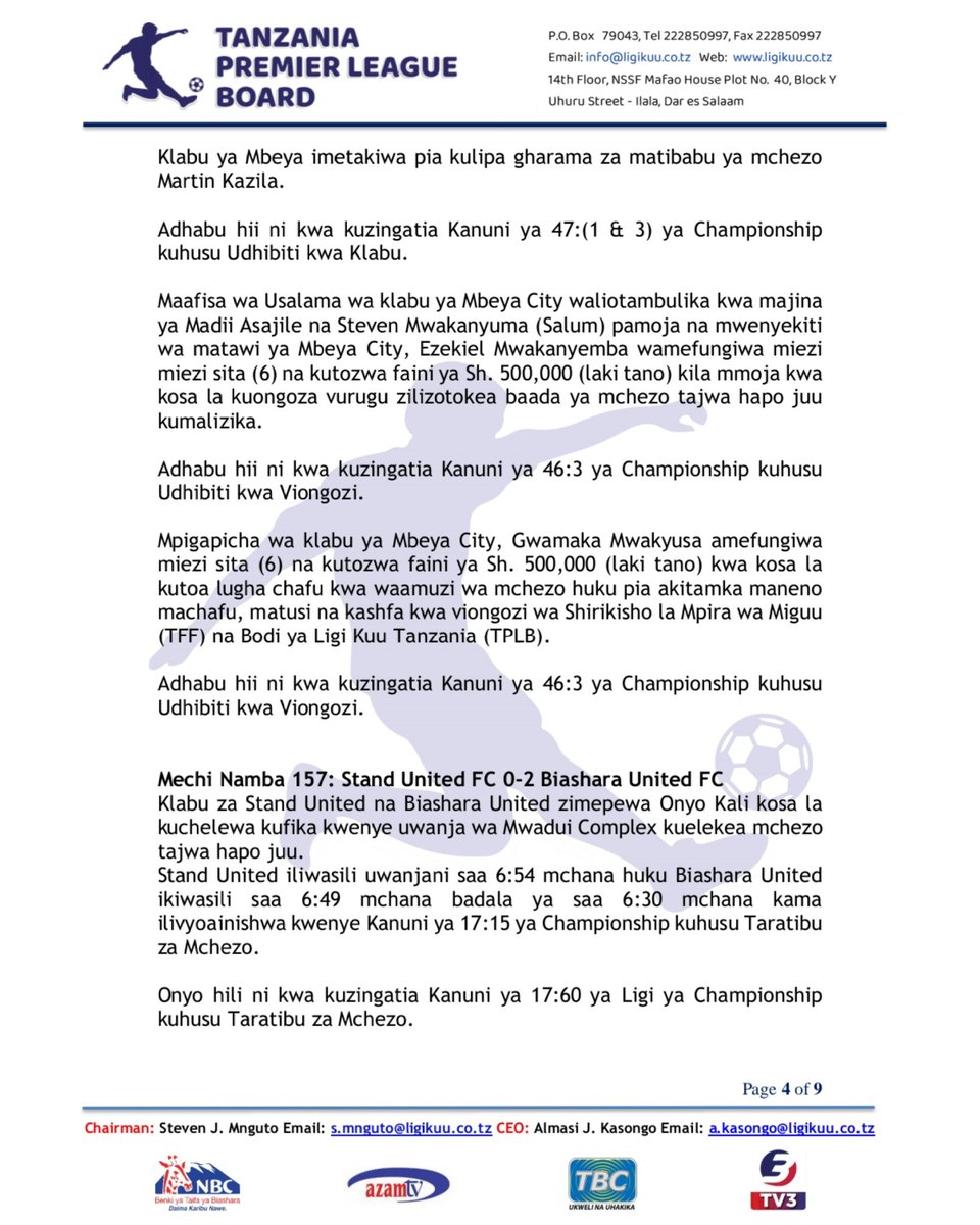TAARIFA KUTOKA BODI YA LIGI KUU TANZANIA.

<a href="/tplboard/">Ligi Kuu</a> <a href="/Tanfootball/">TFF TANZANIA</a> <a href="/NBCTanzania/">NBCTanzania</a> <a href="/azamtvtz/">Azam TV</a> <a href="/TBConlineTZ/">TBC DIGITAL</a>