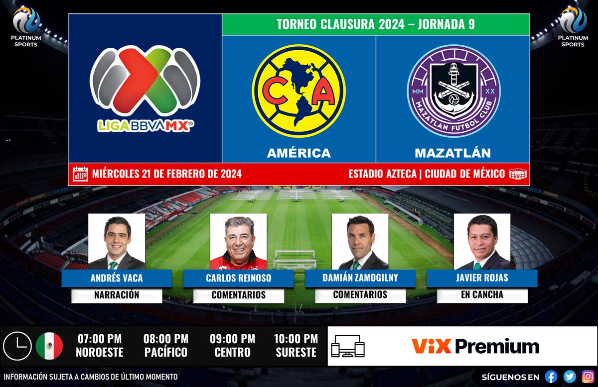 ⚽️ #LigaBBVAMX 🇲🇽 | @ClubAmerica vs. @MazatlanFC
🇲🇽📱💻 @VIX (Premium)
🎙️ @Andres_Vaca_ 
🎙️ @Carlos8Reinoso 
🎙️ @RusoZamogilny 
🎙️📝 @javier_rojastd 

#LoNuestroEsElFutbol - #Jornada9