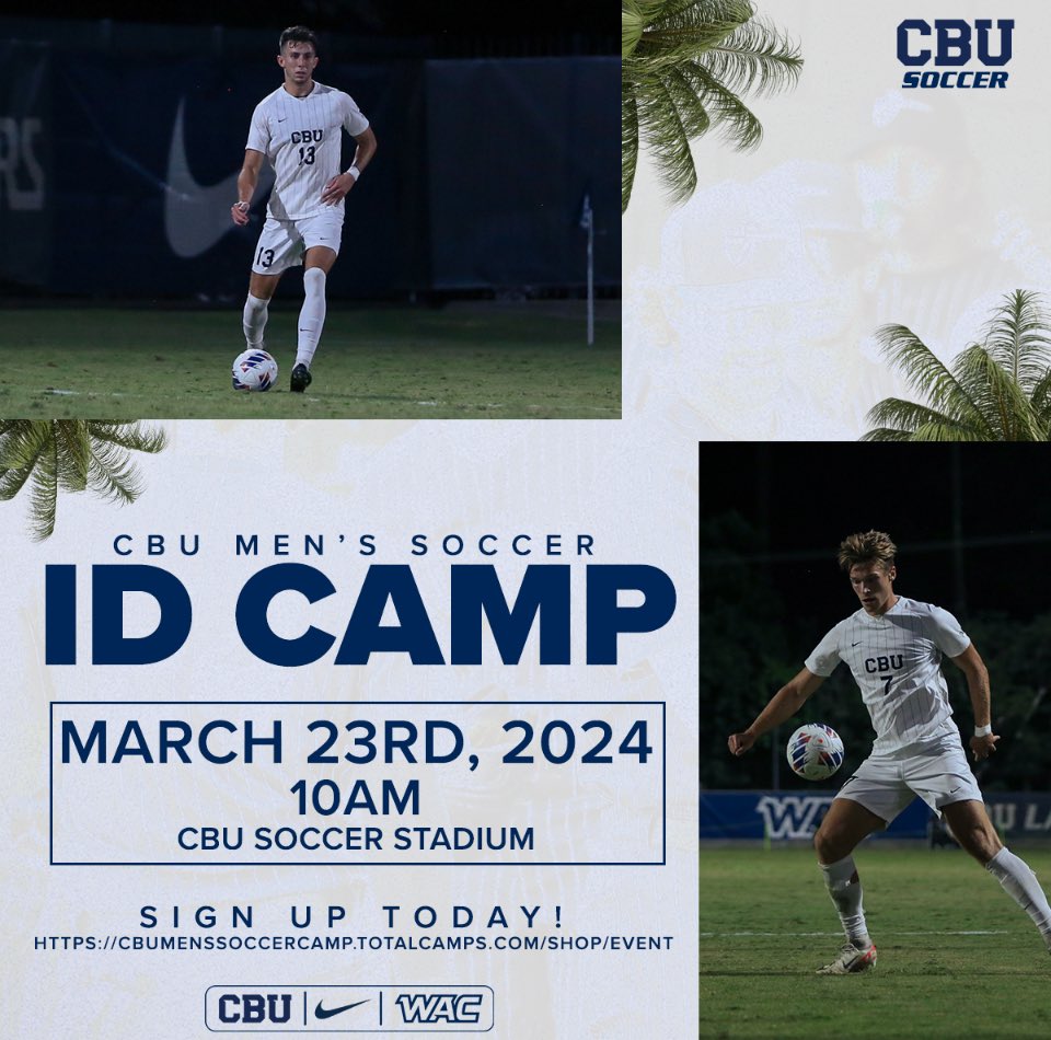 California Baptist University men’s soccer, the back-to-back WAC Tournament Champion, and NCAA DI Tournament qualifier, is hosting an ID Camp on Saturday, March 23, 2024, at the CBU Soccer Stadium. We are filling quick, so make sure to get your spot ASAP. #LanceUp⚔️ 

Link in bio
