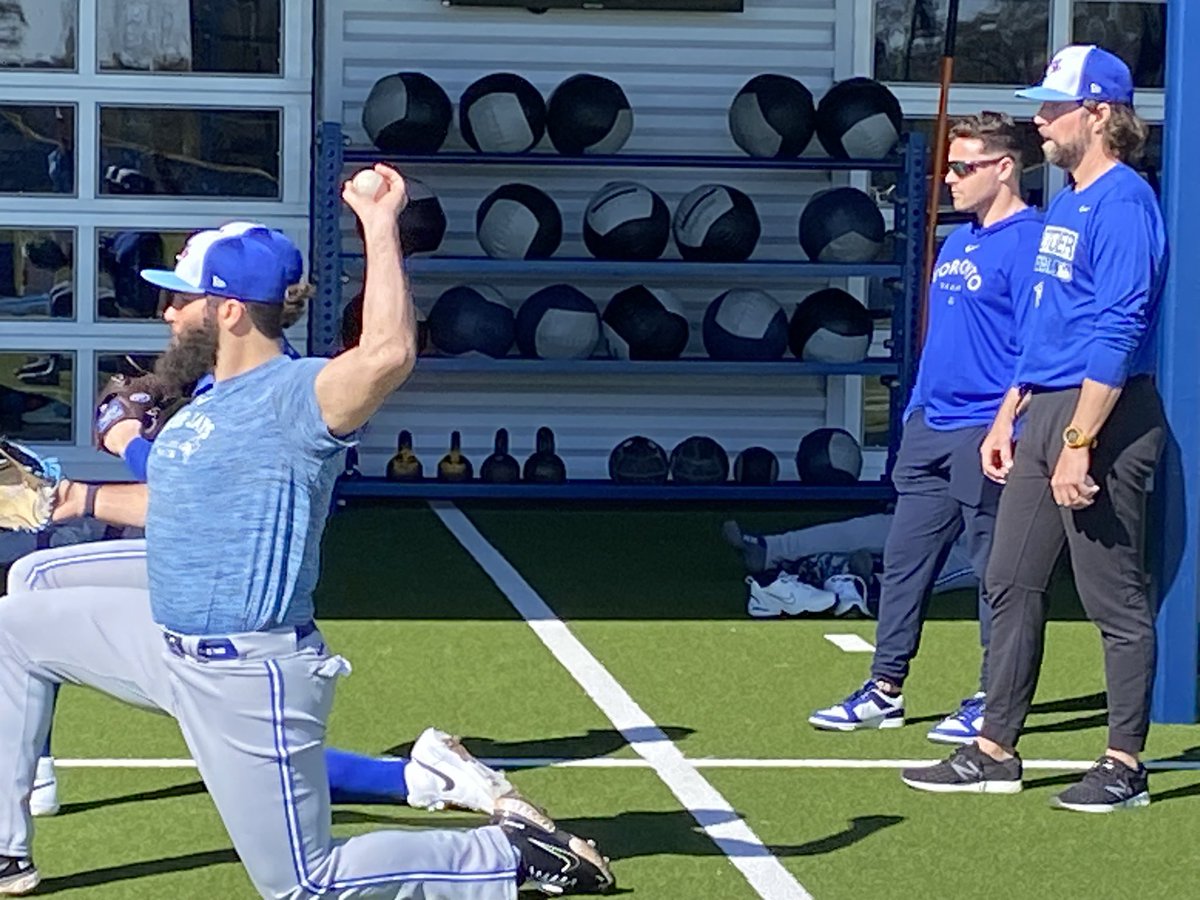 SNETCampbell's tweet photo. Former #BlueJays knuckleballer RA Dickey (right) is in camp teaching his craft. #SpringTraining https://t.co/bmKkJEiNcu