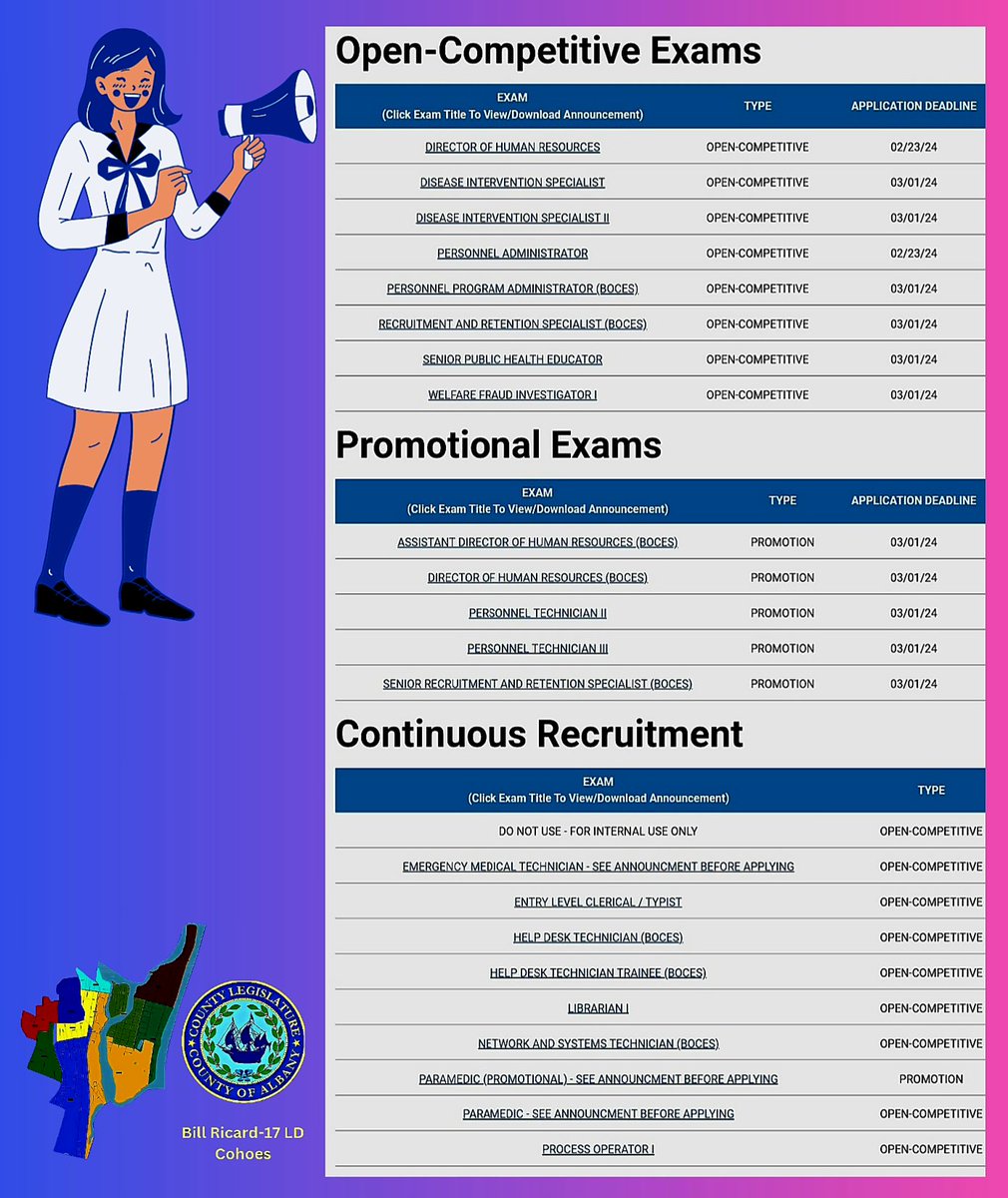 New exam announcements have been posted by Albany County Civil Service. 

Please bookmark the link to the Civil Service Portal.
albany-portal.mycivilservice.com/exams