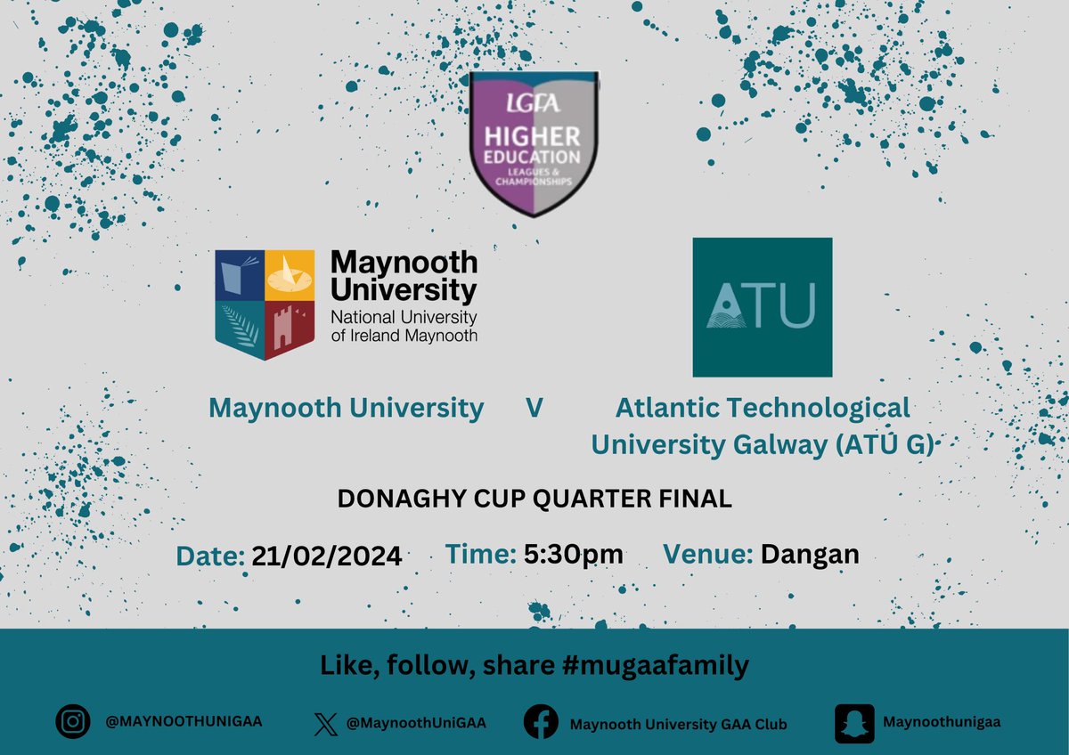Maynooth Uni GAA (@maynoothunigaa) on Twitter photo <a href="/LadiesHEC/">Ladies HEC</a> <a href="/ElectricIreland/">Electric Ireland</a>
Donaghy Cup Quarter Final
🏆<a href="/MaynoothUni/">Maynooth University</a> v <a href="/ATUSport_Galway/">ATU Sport Galway</a>
📆 Wednesday 21st February, 2024
⏰ 5:30pm
🏟️ Dangan
Updates live here on the night.
Best of luck!
#mugaafamily <a href="/LadiesHEC/">Ladies HEC</a> <a href="/ElectricIreland/">Electric Ireland</a>
Donaghy Cup Quarter Final
🏆<a href="/MaynoothUni/">Maynooth University</a> v <a href="/ATUSport_Galway/">ATU Sport Galway</a>
📆 Wednesday 21st February, 2024
⏰ 5:30pm
🏟️ Dangan
Updates live here on the night.
Best of luck!
#mugaafamily