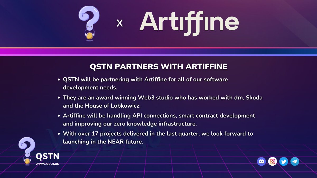 qstnus's tweet image. 🔨#Web3 Dev Update 🔨  

QSTN partners with @artiffine! 🚀

- Award-winning Web3 studio: dm, Skoda, Lobkowicz as clients! 🏆

- Focus: API, smart contracts, ZK infrastructure. 🔐

- 17+ projects last quarter! 💼

Excited for $NEAR mainnet! 🌟 

#BlockchainJob #Developer #Crypto