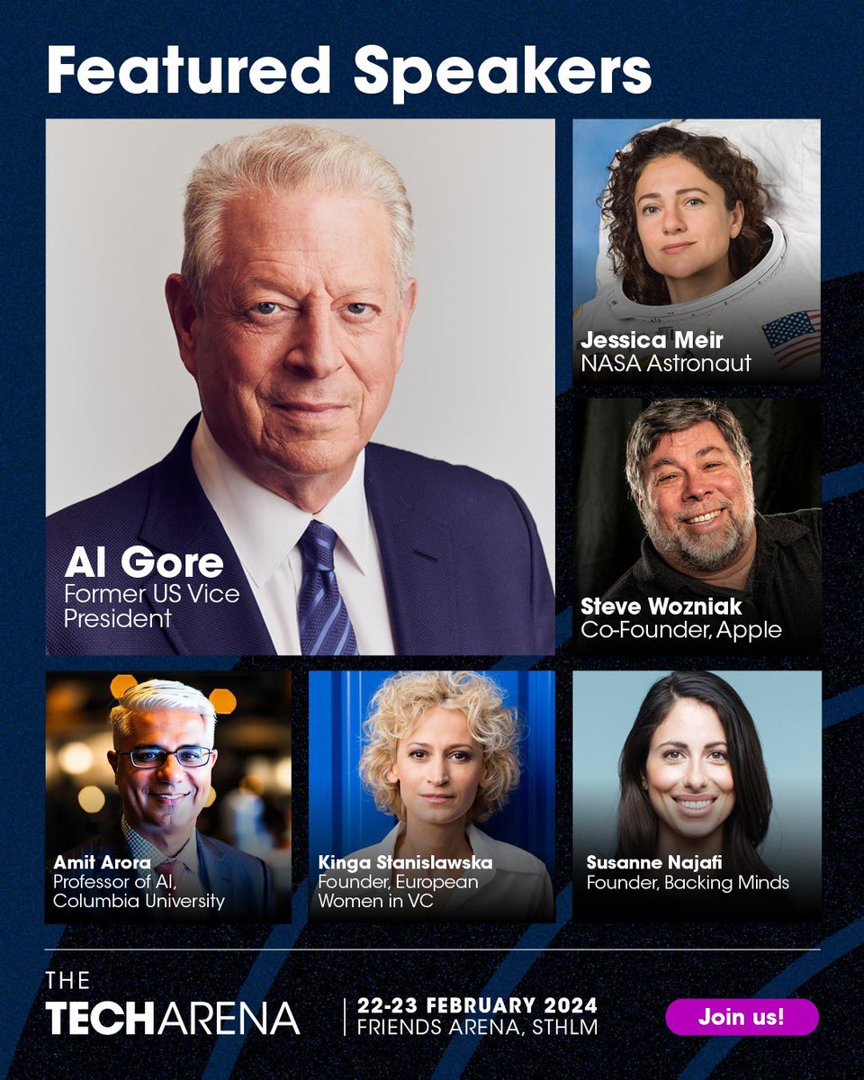 So excited to be a speaker at <a href="/Techarenan/">Techarenan</a> tomorrow together with this great crew!! <a href="/algore/">Al Gore</a> <a href="/stevewoz/">Steve Wozniak</a> @jessicameir2 🚀✨