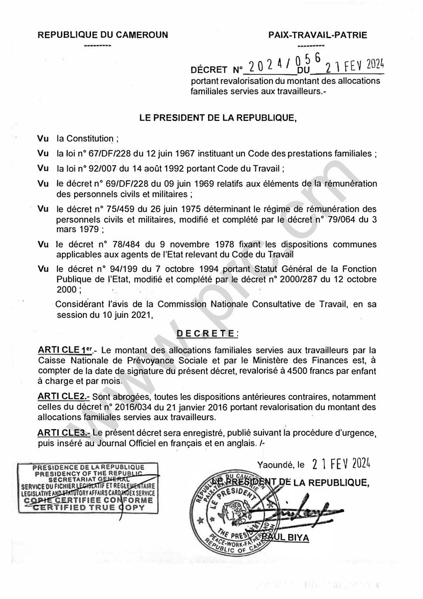 Décret portant revalorisation du montant des allocations familiales servies aux travailleurs.
#PaulBiya
#Cameroun