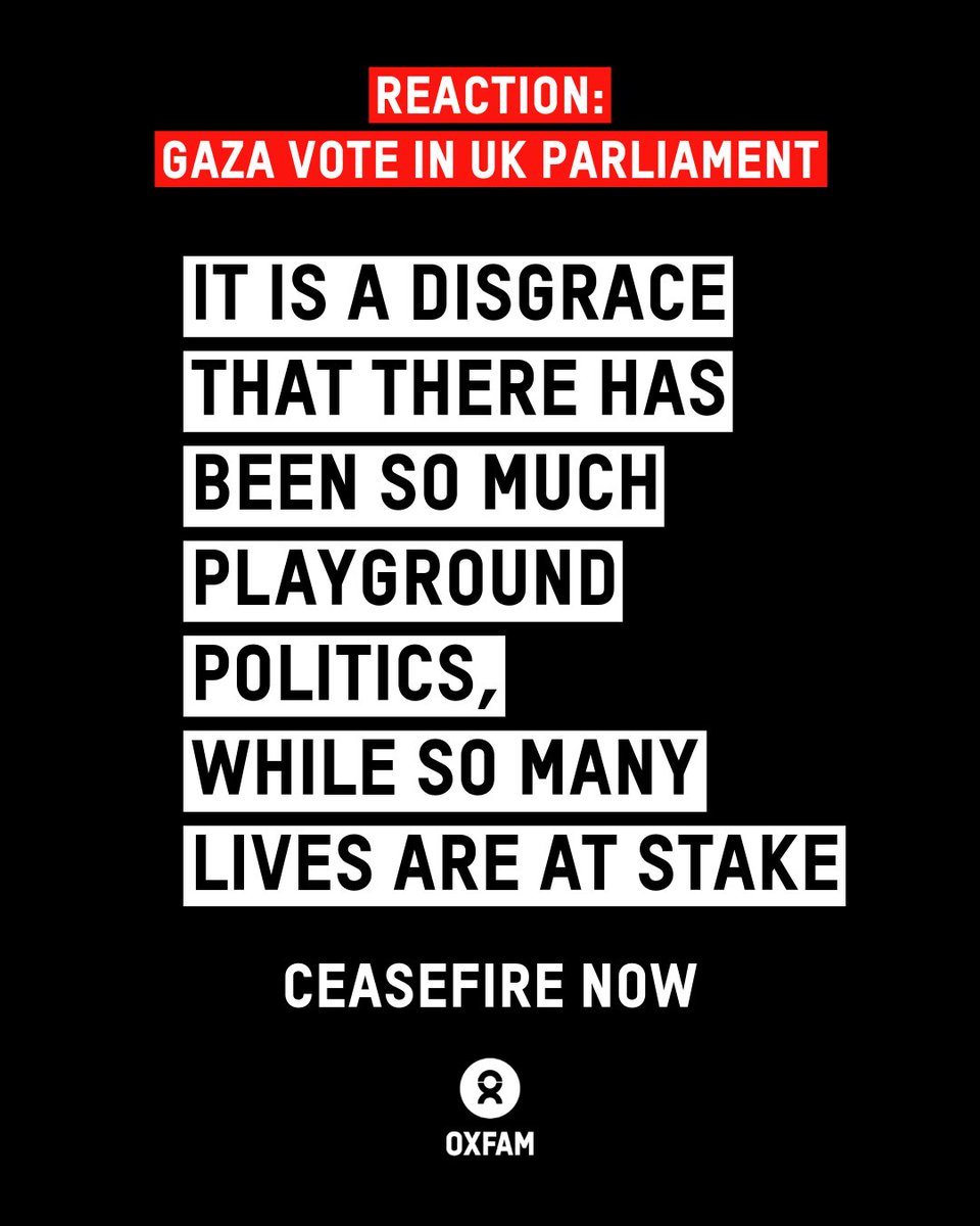 🔴 “The people of #Gaza can’t wait for our politicians to stop squabbling. Much of the country lies in ruins and Rafah, where many Palestinian families have been forced to flee, is under threat of a full-scale military offensive. 

“Children in the North of Gaza are dying from